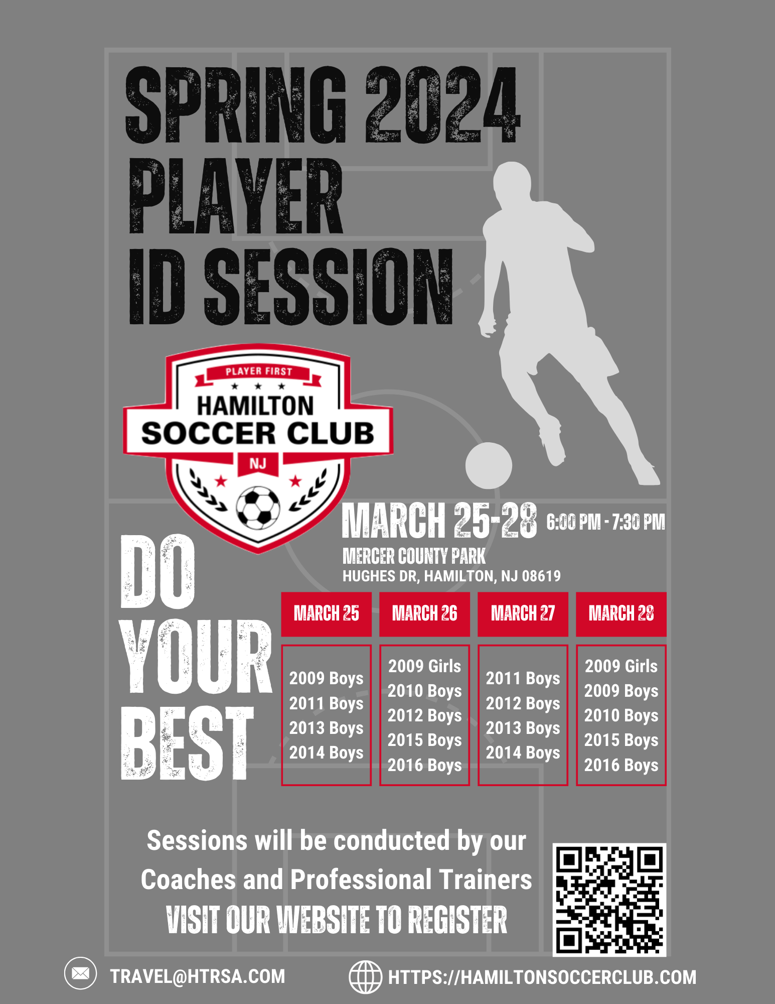 Spring 2024 Player ID Session Flyer. The Flyer shows the dates broken down by